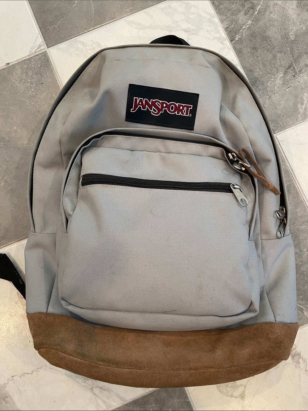 Jansport Light Gray Backpack with Brown Suede Base